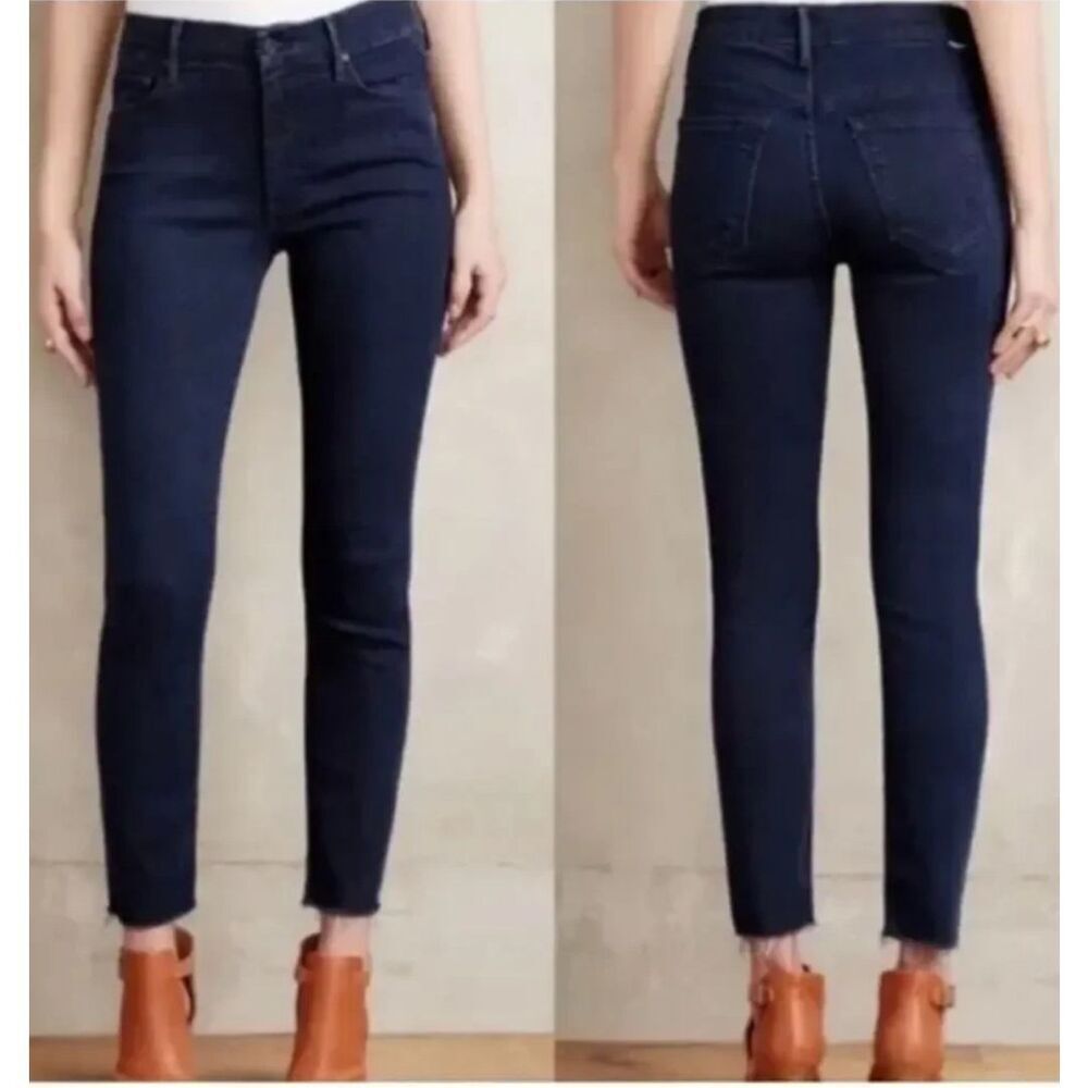 MOTHER Looker Ankle Fray Stretch Jeans In A Dark Navy Wash